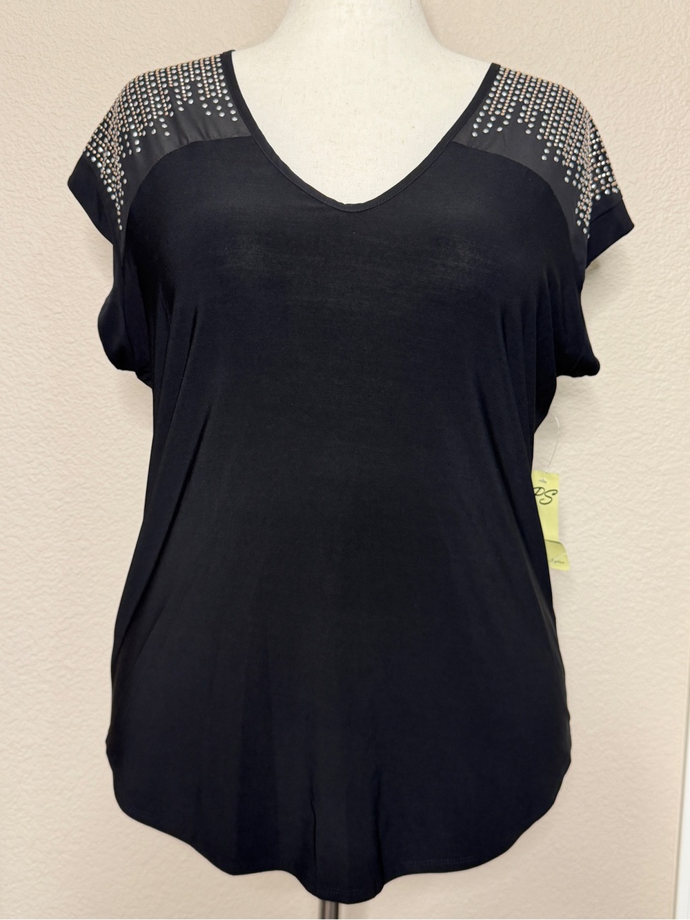 Perseption Black V-Neck Top with Silver Shoulder Studs